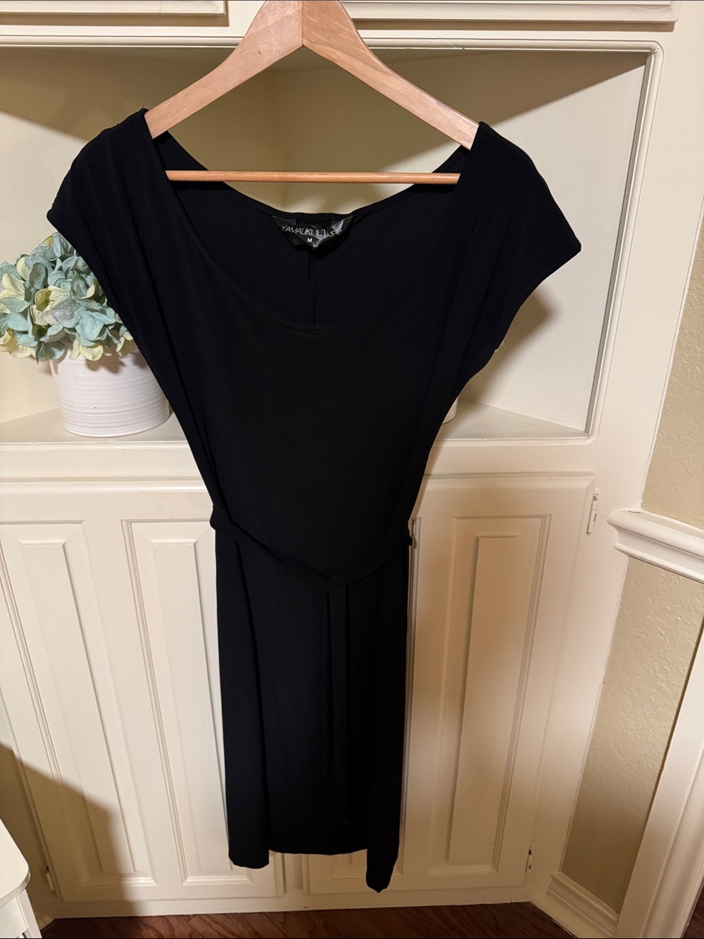 Black Midi Dress with Waist Tie - Sleek Women's Dress